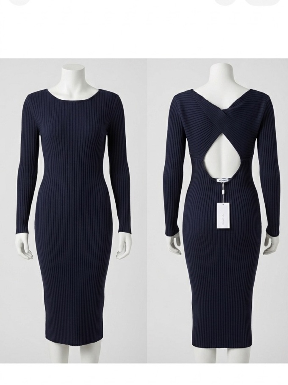 525 America Dark Blue Ribbed Knit Peep Back Fitted Dress Size Large